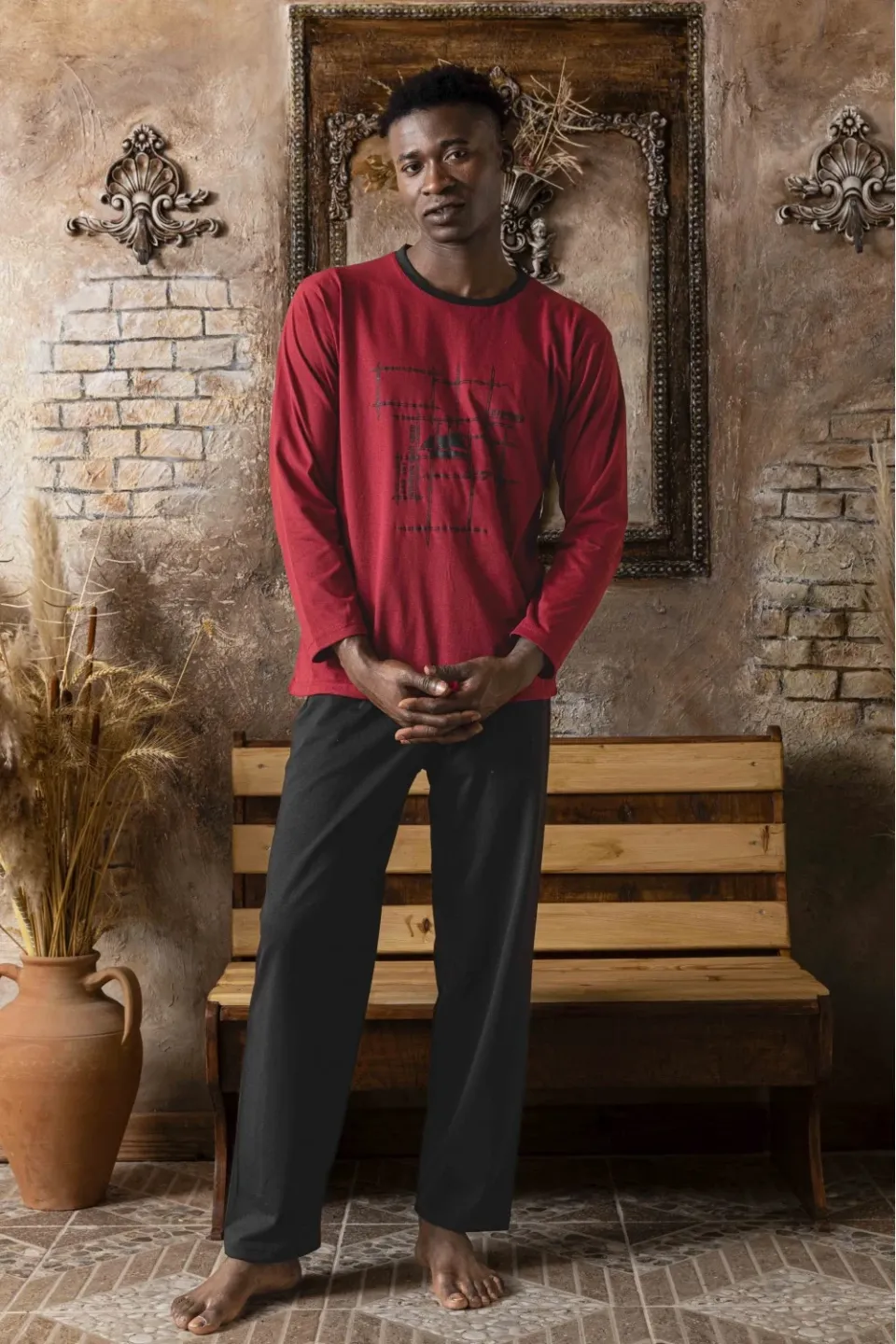 Pijamă Bărbați din Bumbac cu Mâneci și Pantaloni Lungi - Bordo