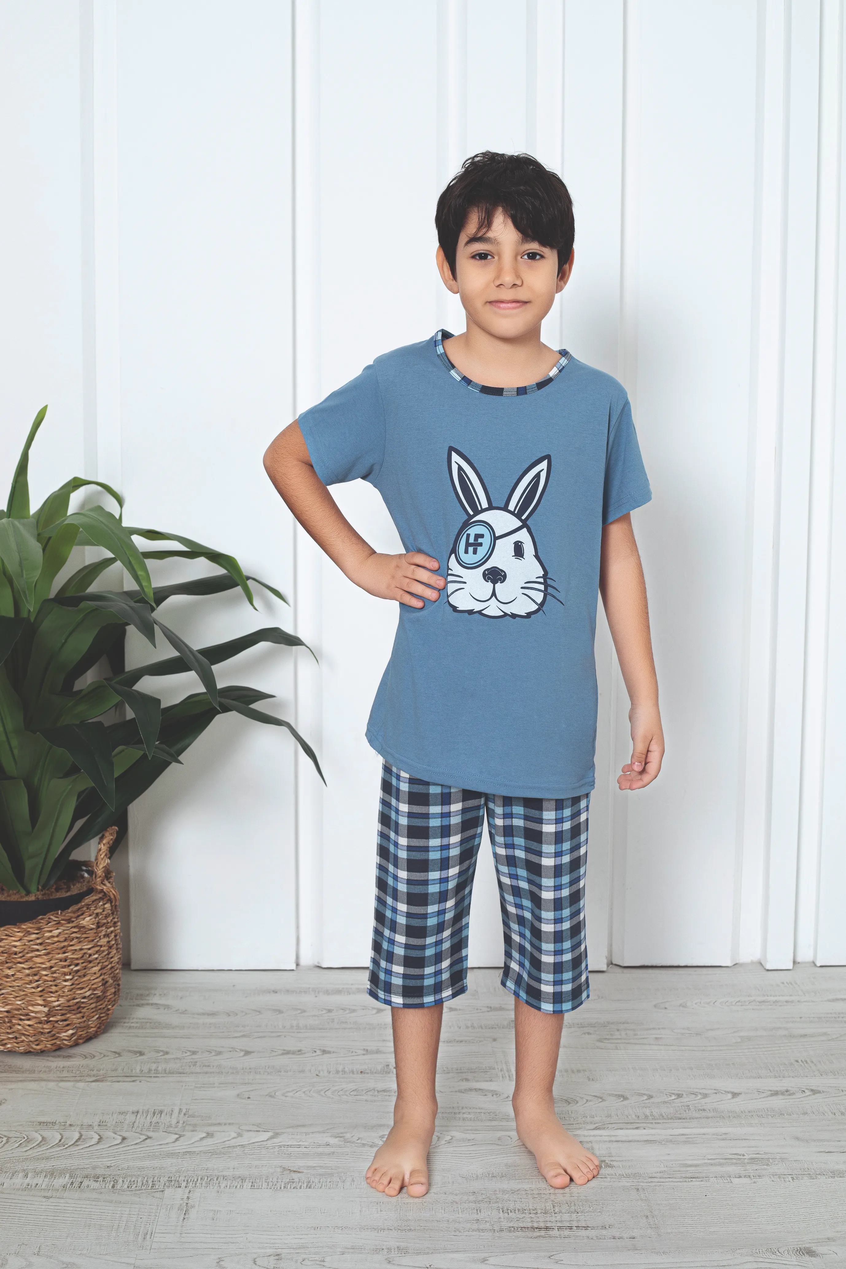 Pijama băieți, mânecă scurtă , imprimeu haios cu iepure, blue