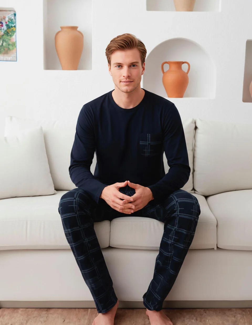 Pijama bărbați din bumbac 100% cu mâneci lungi – cu nasturi și buzunar, lacivert cu pantaloni în carouri albastre
