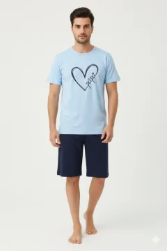 Pijama familie-bărbați, bumbac, mânecă scurtă și pantaloni 3/4 , culoare albastru