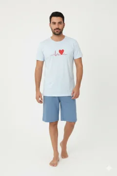 Pijama familie-bărbați, bumbac, mânecă scurtă și pantaloni 3/4 , culoare blue