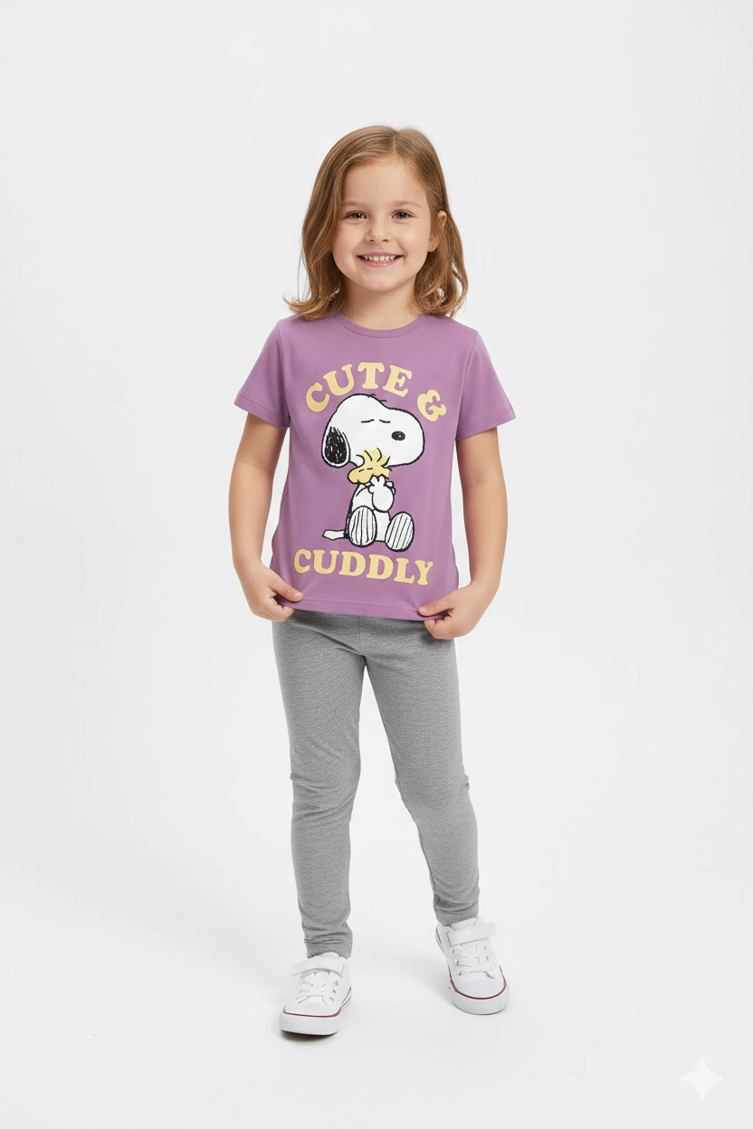 Pijama fetițe mov cu imprimeu „Cute & Cuddly” – bumbac 100%