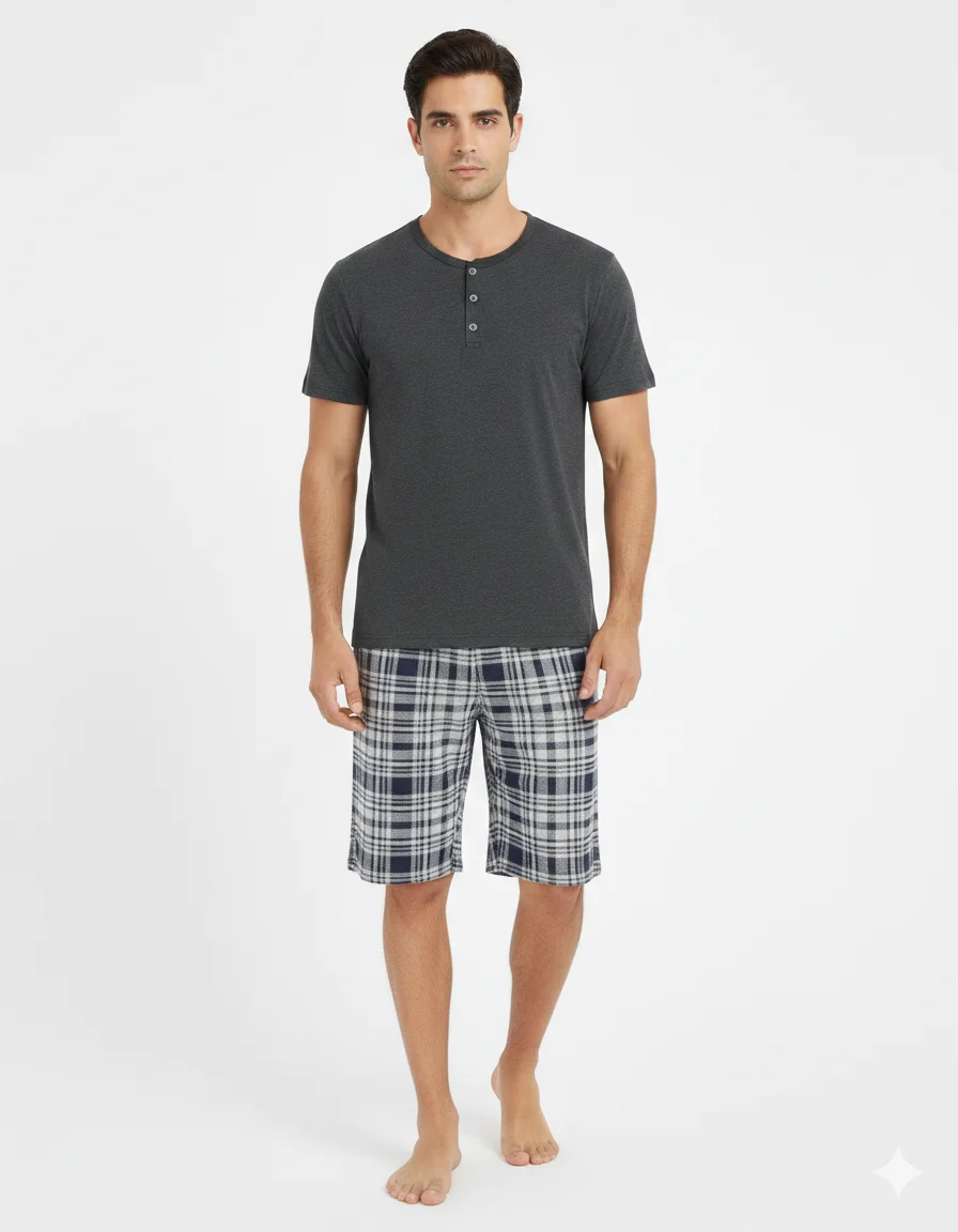 Pijama pentru bărbați, mânecă scurtă și pantaloni scurți, gri