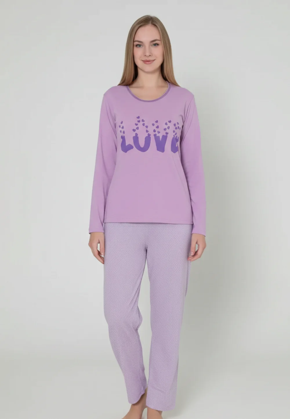 Pijama damă cu mânecă lungă și pantaloni lungi, imprimeu ,,Love'', culoare mov