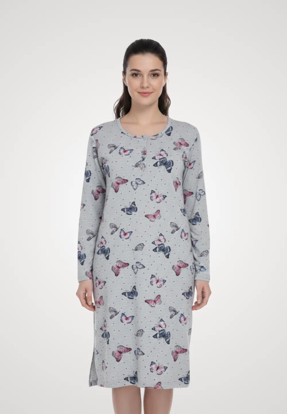 Cămașă de noapte gri cu fluturi