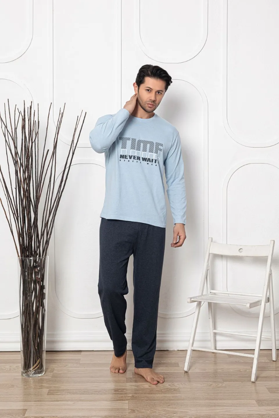Pijama bărbați din bumbac, mânecă lungă și pantaloni lungi, imprimeu Time Never Waits, blue