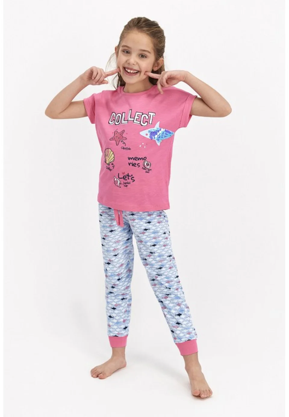 Pijama fetițe cu tricou și pantaloni lungi, imprimeu Collect, roz închis