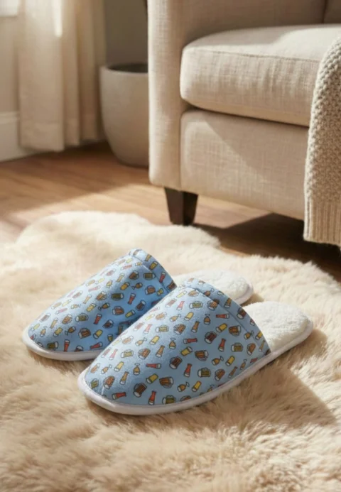 Papuci de casă pentru bărbați, albaștri, cu imprimeu halbă de bere – călduroși și comozi