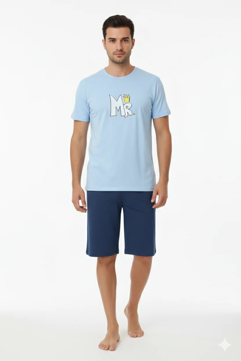 Pijama familie-bărbați, bumbac, mânecă scurtă și pantaloni 3/4 , culoare albastru
