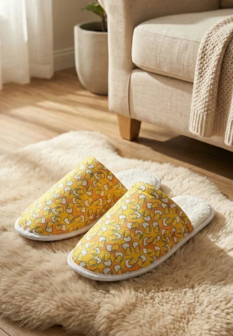 Papuci de casă pentru bărbați, galbeni, cu imprimeu halbă de bere – călduroși și comozi