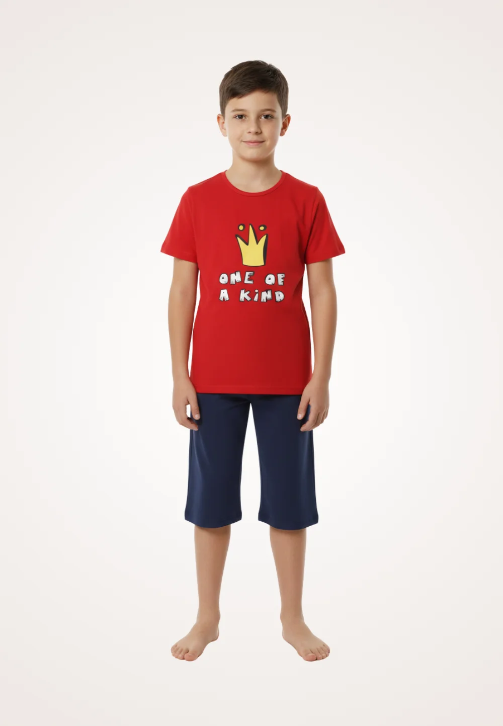 Pijama familie-copii, bumbac, mânecă scurtă și pantaloni 3/4, roșu