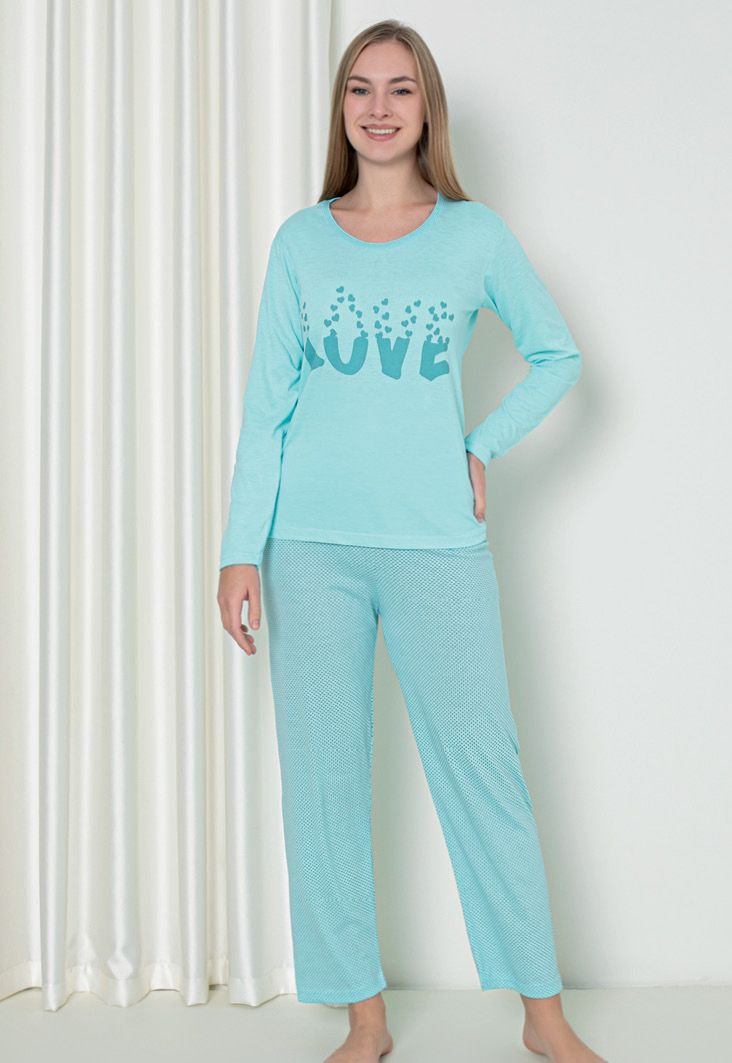 Pijama damă cu mânecă lungă și pantaloni lungi, imprimeu ,,Love'', culoare turcoaz