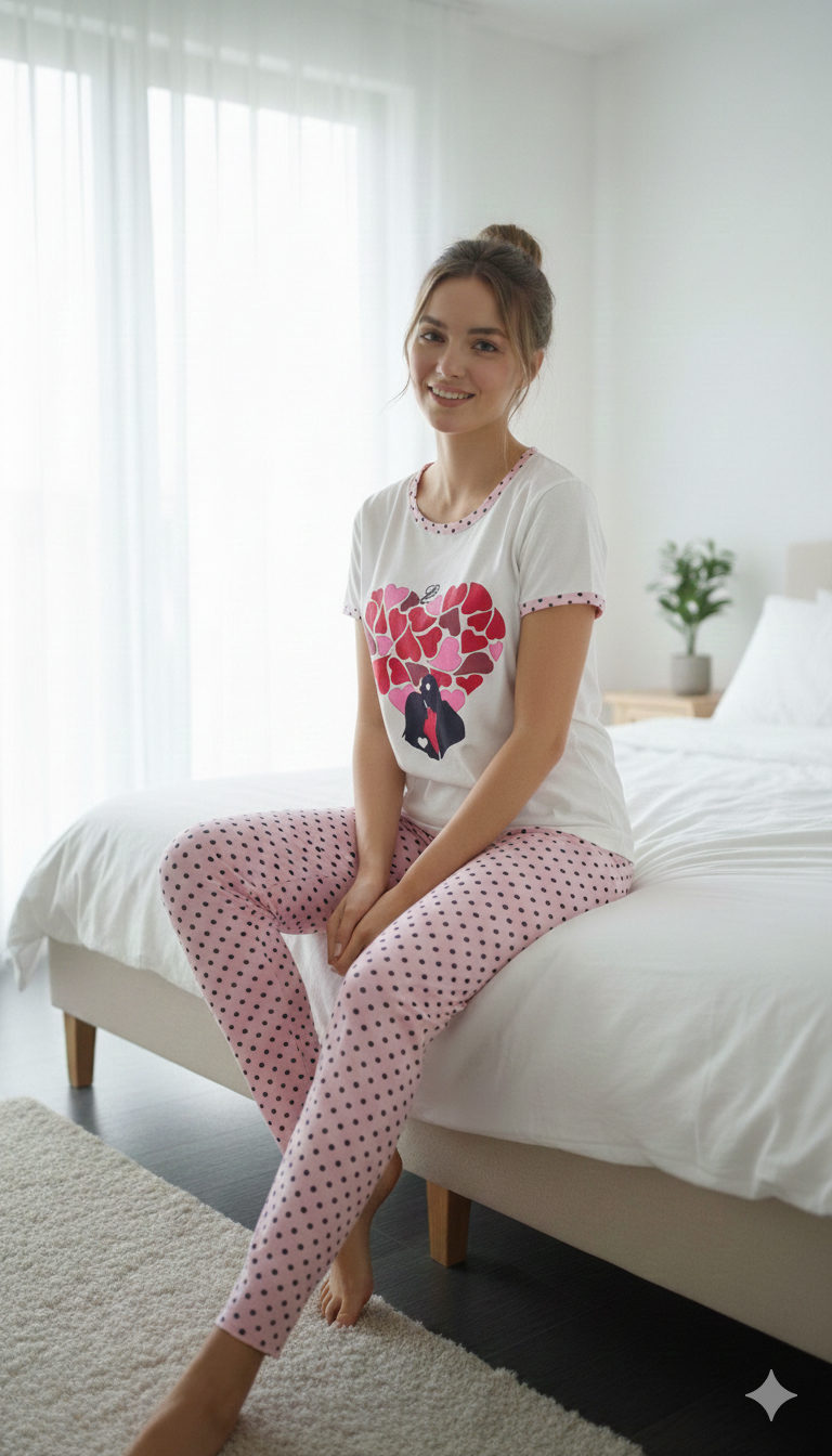 Pijama dama din bumbac cu imprimeu inimioare, maneca scurta si pantaloni lungi