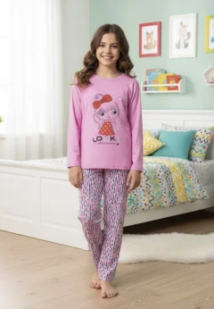 Pijama Fete, Mânecă Lungă, Imprimeu Looks, roz-deschis