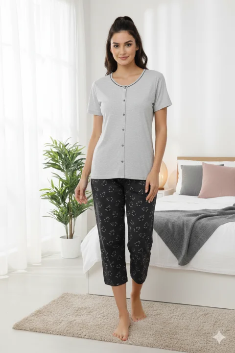 Pijama damă  din bumbac mânecă scurtă și pantaloni 3/4