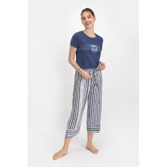 Pijama dama, bluza cu maneca scurta, imprimeu Marine si pantaloni 3/4 cu elastic in talie