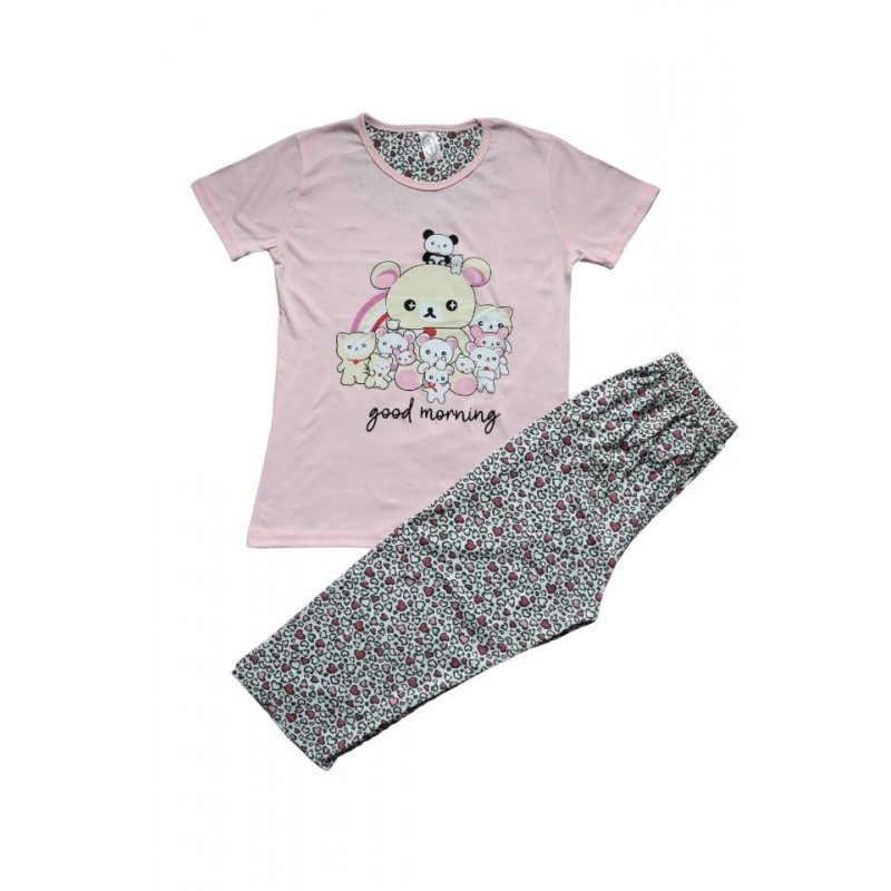 Pijama dama din bumbac, colecția nouă, tricou roz deschis cu imprimeu „Good morning” și pantaloni 3/4 asortați