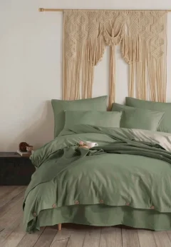 Set Lenjerie de Pat Dublu cu Nasturi din Lemn – Kaki