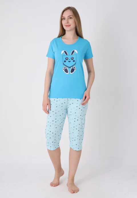 Pijama damă cu model de Paște, albastru deschis – tricou bumbac și pantaloni 3/4