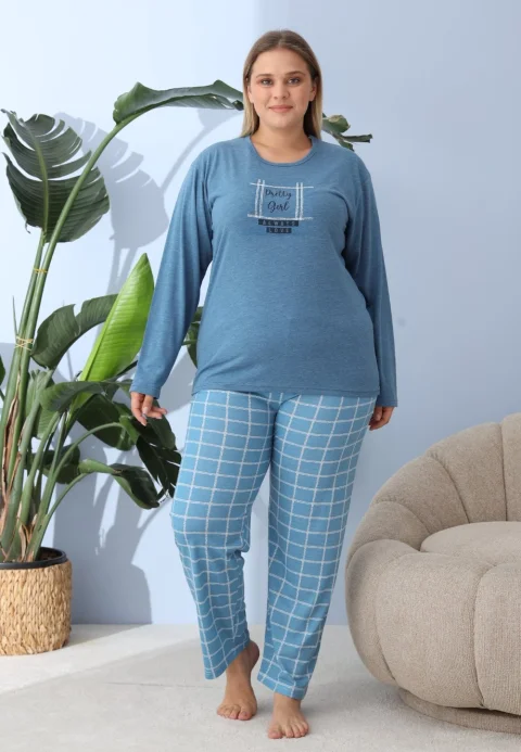 Pijama damă big size albastru închis, imprimeu Pretty Girl, 100% bumbac