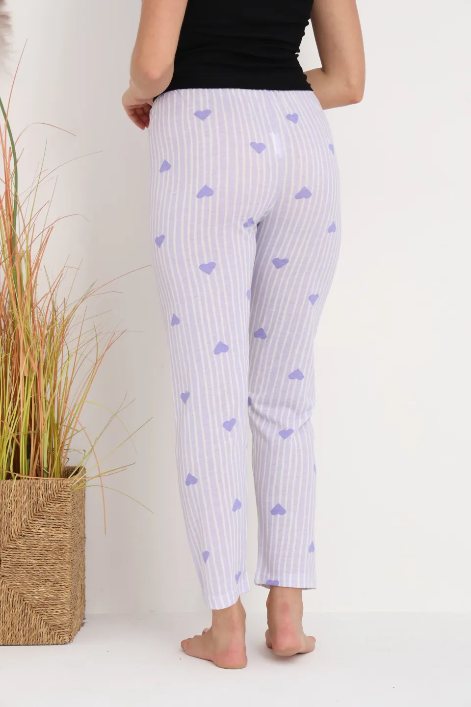 Pantaloni de pijama damă mov cu dungi și inimioare, croială lejeră, bumbac & poliester