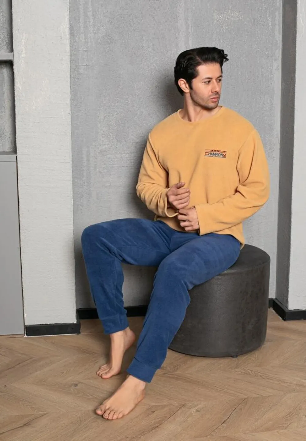 Pijama Bărbat, Galben, Polar, Mâneca Lungă și Pantalon Lung, Champions