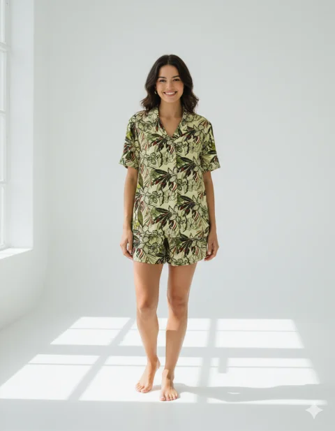 Pijama damă cu bluză cu nasturi, mânecă scurtă și pantaloni scurți, imprimeu floral, verde