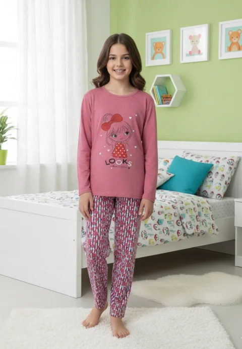 Pijama Fete, Mânecă Lungă, Imprimeu Looks, Roz Închis