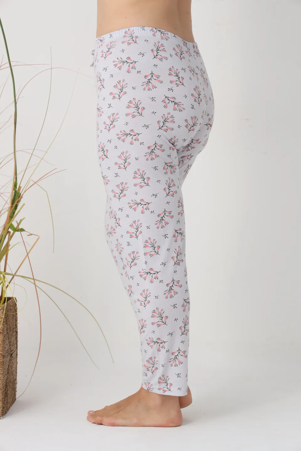 Pantaloni de pijama damă Big Size, turcoaz cu flori roz