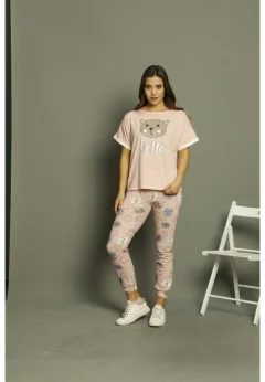 Pijama dama din bumbac Serena cu imprimeu ,,Hello'', maneca scurta si pantaloni lungi