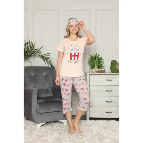 Pijama damă cu tricou, pantaloni trei sferturi și mască de dormit, what's poppin?, galben