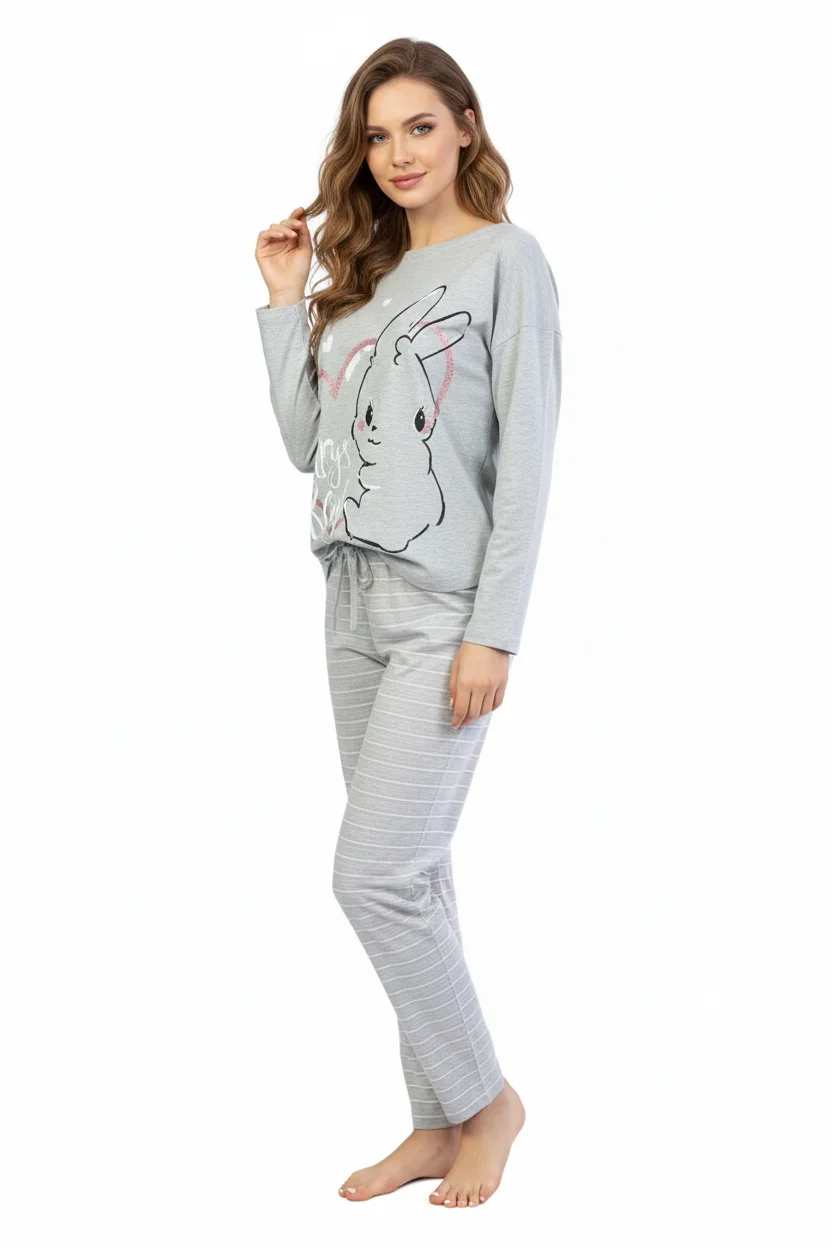 Pijamale damă cu mânecă lungă și pantaloni lungi, imprimeu iepure, gri