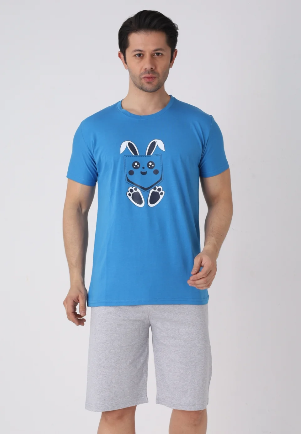 Pijama bărbați Paște, Albastru– tricou bumbac 100% și pantaloni 3/4