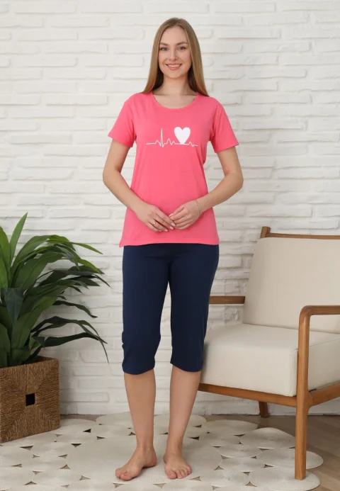 Pijama familie-damă, bumbac, mânecă scurtă și pantaloni 3/4, culoare roz