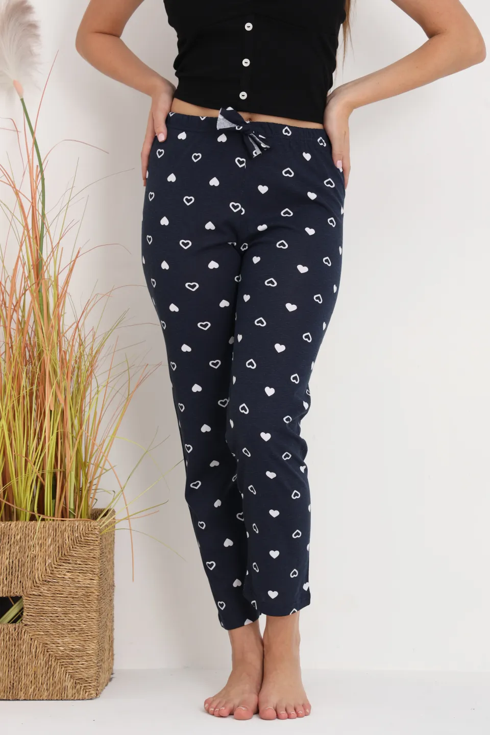 Pantaloni de pijama damă bleumarin cu inimioare albe