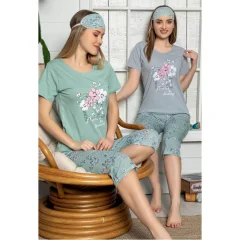 Pijama dama din bumbac, set 2 piese, tricou gri cu imprimeu "Flowers" si pantaloni 3/4, masca de dormit asortata, gri