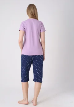 Pijama damă cu model de Paște, mov – tricou bumbac și pantaloni 3/4