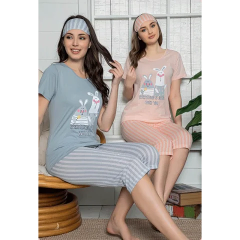 Pijama Dama din Bumbac – Set Tricou cu Iepurași și Pantaloni 3/4, Masca de Dormit, gri