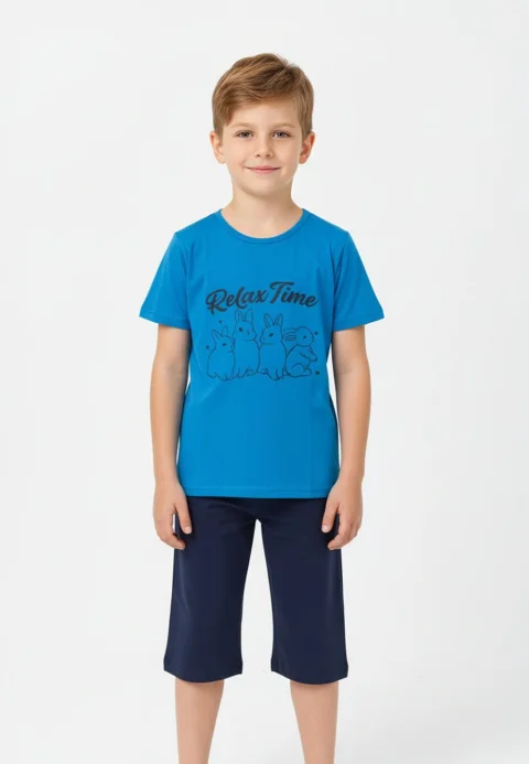 Pijama băieți Paște, albastru – tricou bumbac 100% și pantaloni