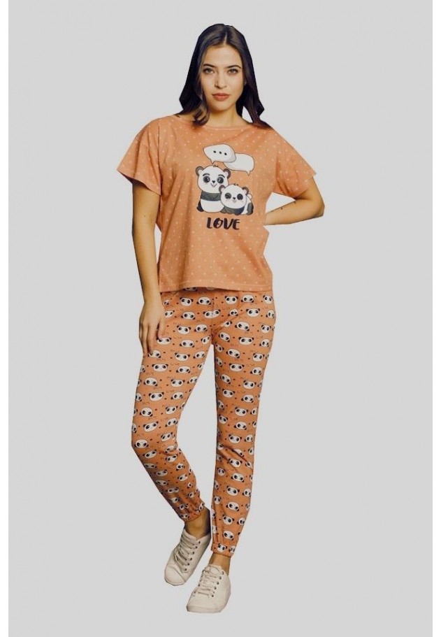 Pijama damă, cu mânecă scurtă  și pantaloni lungi din bumbac, imprimeu LOVE