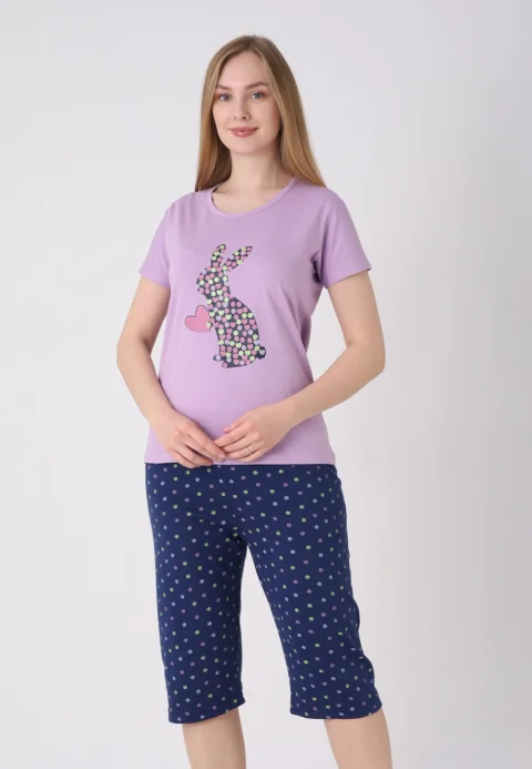 Pijama damă cu model de Paște, mov – tricou bumbac și pantaloni 3/4