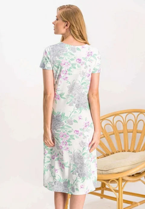 Rochie damă,  mânecă scurtă  și decolteu rotund, imprimeu floral, crem