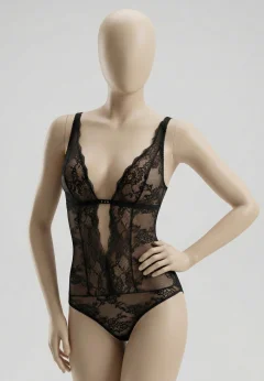 Body din dantelă neagră cu decolteu adânc și decupaj frontal