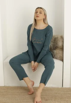 Pijama damă, mânecă lungă și pantaloni lungi cu imprimeu Love, blue