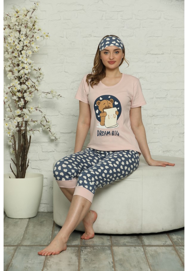 Pijama de Primăvară pentru Dama cu Masca de Dormit Asortată, mânecă scurtă și pantaloni 3/4, imprimeu Dreams