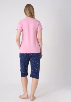Pijama damă cu model de Paște, roz deschis – tricou bumbac și pantaloni 3/4