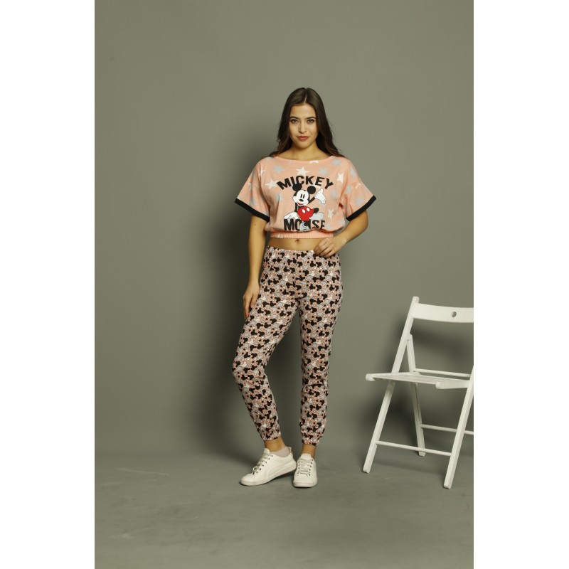 Pijama Dama din Bumbac cu maneca scurtă și pantaloni lungi – Set cu Imprimeu Mickey Mouse