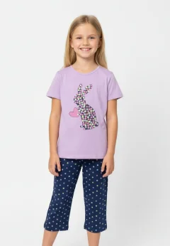 Pijama fete Paște, Mov – tricou bumbac 100% și pantaloni 3/4