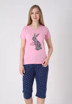 Pijama damă cu model de Paște, roz deschis – tricou bumbac și pantaloni 3/4