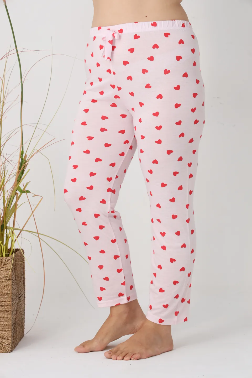 Pantaloni de pijama damă Big Size, roz cu inimioare roșii